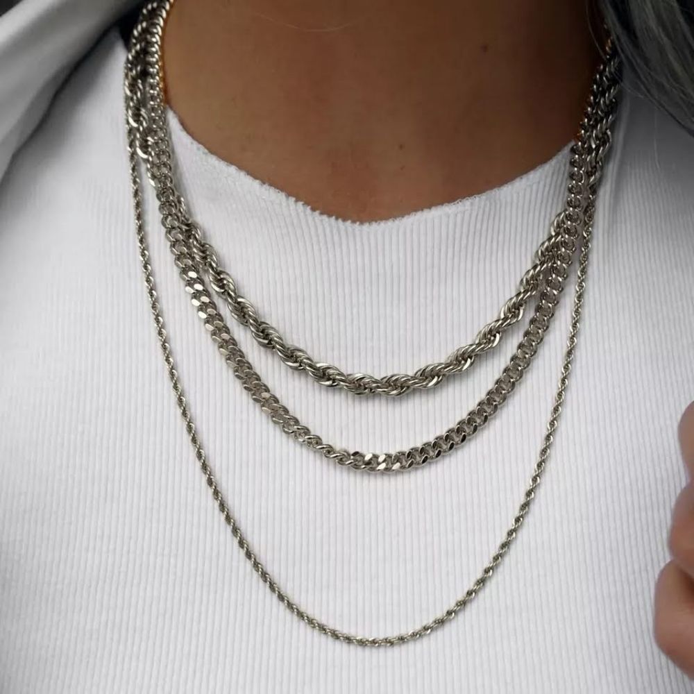 Silver Rope Chain 18k White Gold Plated Stainless Steel Necklace